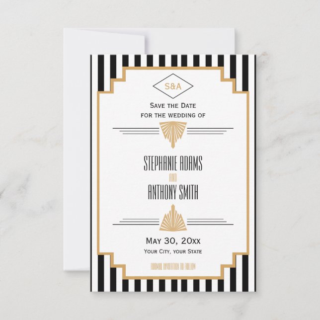 Save The Date Monogramme Mariage Art déco noir, or et blanc (Devant)