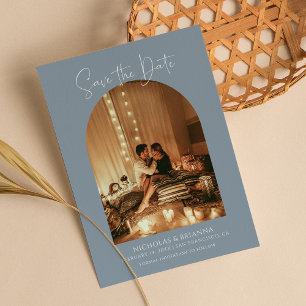 Save The Date Monogramme Mariage Boho Arch bleu Dusty moderne