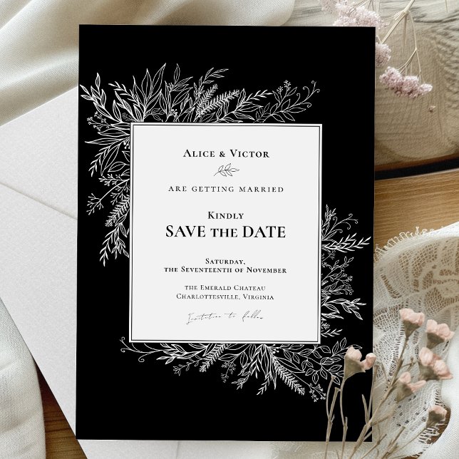 Save The Date Monogramme Mariage de verdure noir et blanc (Créateur téléchargé)