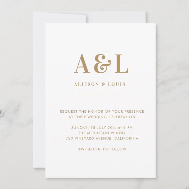 Save The Date Monogramme mariage minimaliste or blanc (Devant)