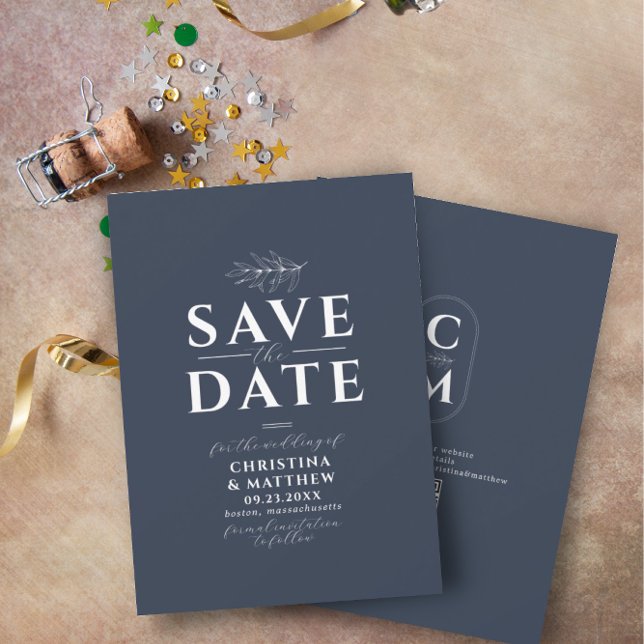 Save The Date Monogramme minimaliste Marine bleu QR Code (Créateur téléchargé)