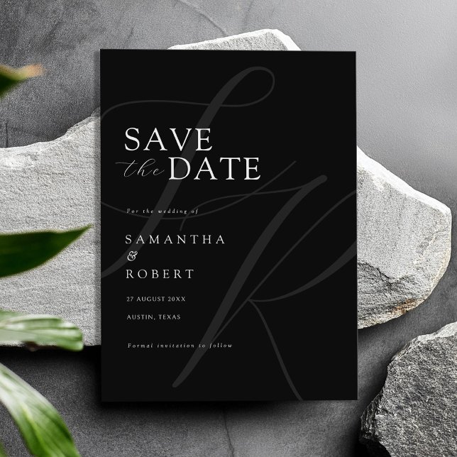 Save The Date Monogramme minimaliste moderne Mariage noir et bla (Créateur téléchargé)