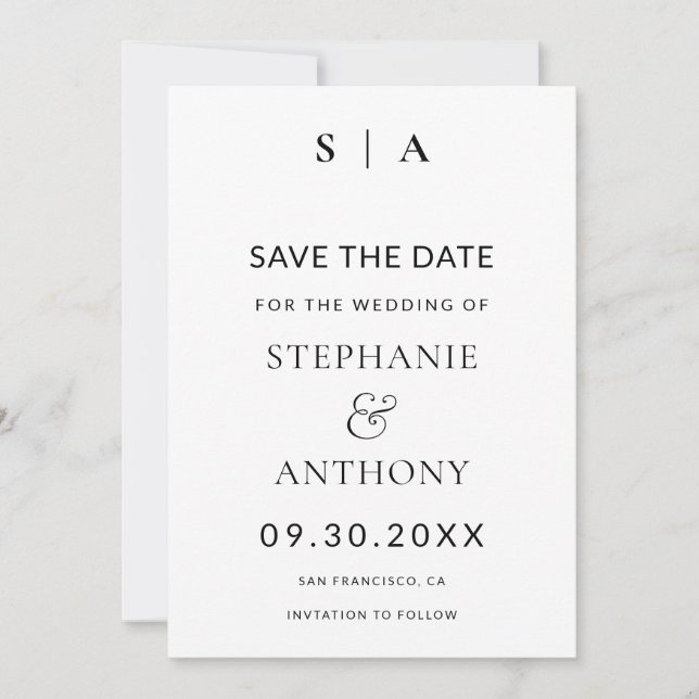Save The Date Monogramme minimaliste moderne Mariage noir et bla (Devant)