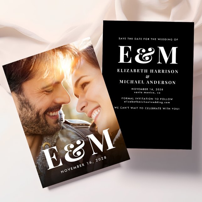 Save The Date Monogramme moderne Gras Initiales Photo Noir Blanc (Créateur téléchargé)