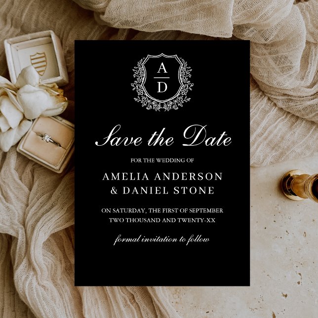 Save The Date Monogramme noir et blanc à feuilles formelles de c (Créateur téléchargé)