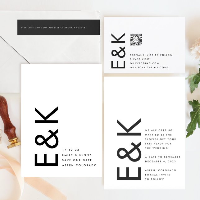 Save The Date Monogramme non photo noir et blanc ultra moderne (Announcement showcasing suite - additional items (bought separately))