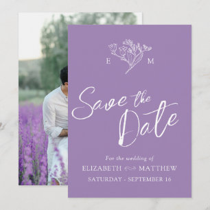 Save The Date monogramme simple fleur sauvage dessin violet phot