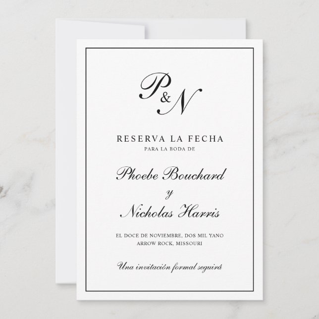 Save The Date Monogramme simple Mariage espagnol élégant (Devant)