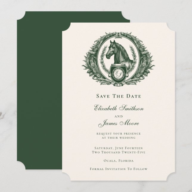 Save The Date Monogramme vert classique Mariage de crête (Devant / Derrière)