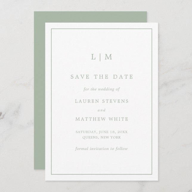 Save The Date Monogramme Vert Sage Simple Mariage élégant (Devant / Derrière)