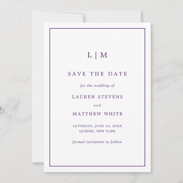 Save The Date Monogramme violet simple Mariage élégant (Devant)