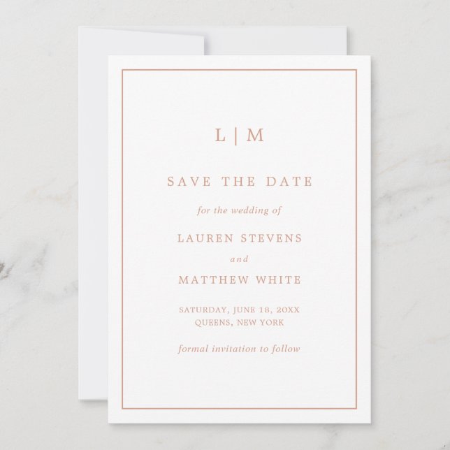 Save The Date Monographie rose Rose simple Mariage élégant (Devant)