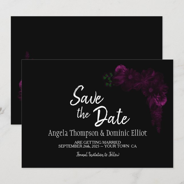 Save The Date Moody Black avec mariage rose floral Enregistrer l (Devant / Derrière)