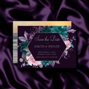 Save The Date Moody Boho Dark Eggplant violet et photo Turquoi