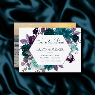 Save The Date Moody Boho   Turquoise cadre de bouquet pourpre tu