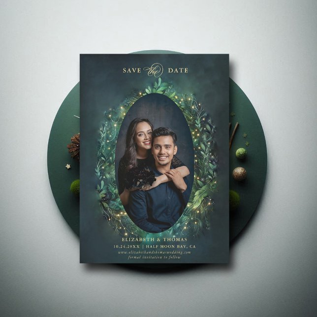 Save The Date Moody Dark Elegant Enchanted Forest Mariage photo (enchanted forest woodland wedding photo save date calligraphy fairy tale dramatic moody dark romance)