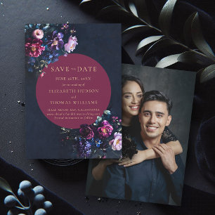 Save The Date Moody Dark Elegant Floral Bourgogne Mariage photo