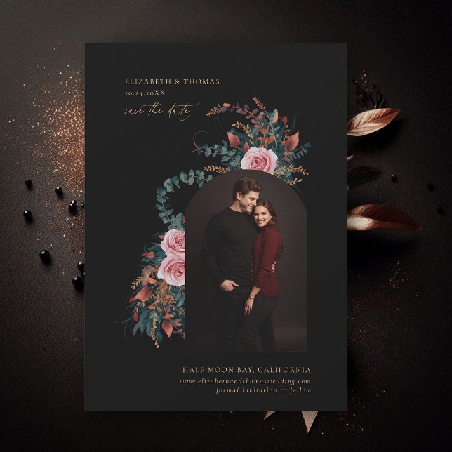 Save The Date Moody Dark Elegant Foliage Fall Arch Mariage photo (wedding save the date moody dark romantic fall autumn floral black botanical rust copper photo arch)