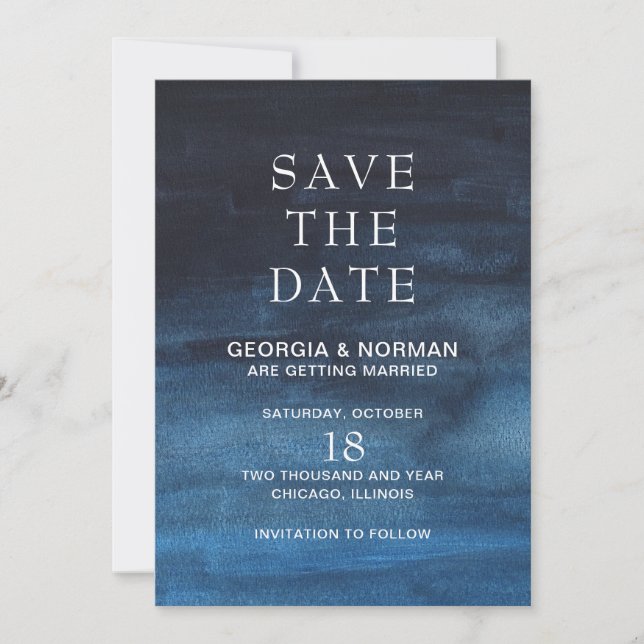 Save The Date Moody Dark Navy Mariage de automne d'aquarelle ble (Devant)