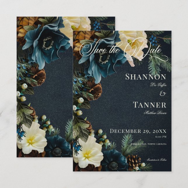 Save The Date Moody Elegant Hiver Bleu Floral Pine Mariage (Devant / Derrière)