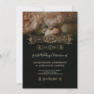 Save The Date Moody Floral Gold Elegant Vintage Black Mariage
