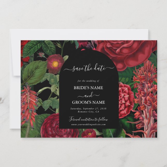 Save The Date Moody Florals Arc Noir Bourgogne Rouge Mariage (Devant)
