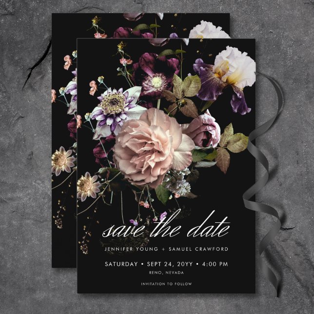 Save The Date Moody foncé Pastel Opulent Floral Mariage noir (Dark Moody Pastel Opulent Floral Black Wedding Save The Date)
