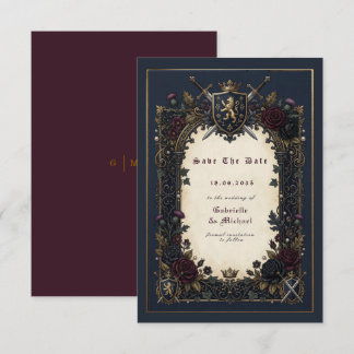 Save The Date Moody Gothic Crest Navy Burgundy Gold Medieval 