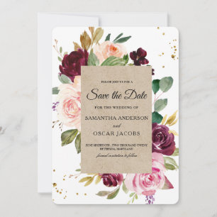 Save The Date Moody & Rustic Burgundy Kraft Cadre Floral & Or 