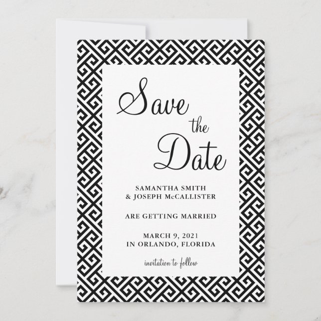 Save The Date Motif de clé grecque diagonale noire et blanche (Devant)