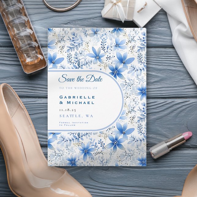 Save The Date Motif floral de chinoiserie bleu blanc de Delft  E (Créateur téléchargé)