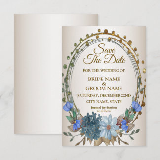 Save The Date Motif géométrique doré floral bleu de mariage
