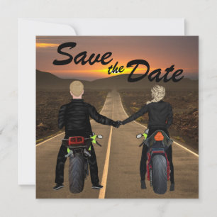 Save The Date Motos à équitation couple à Sunset Mariage