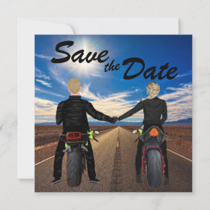 Save The Date Motos à équitation couple sur Sunny Highway Mariag