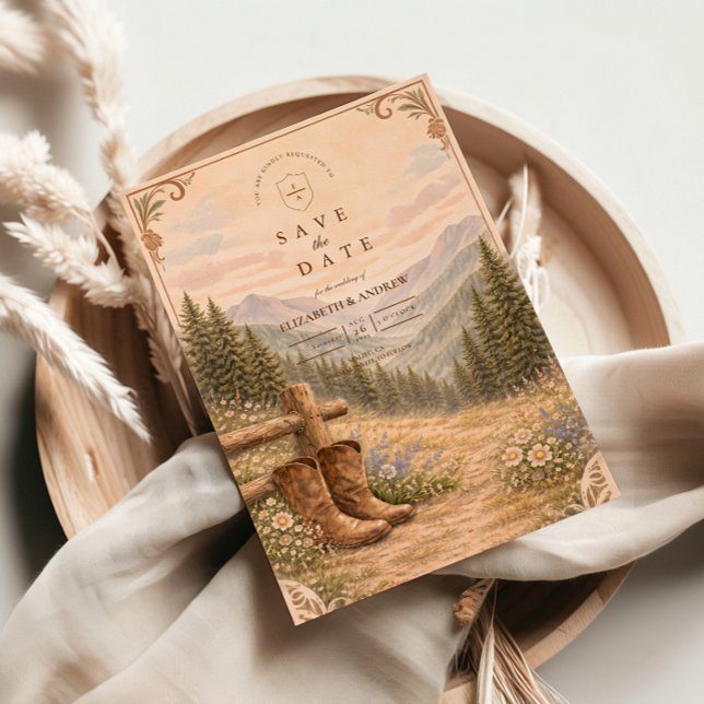 Save The Date Mountain Forest Cowboy Boots Wedding (Créateur téléchargé)