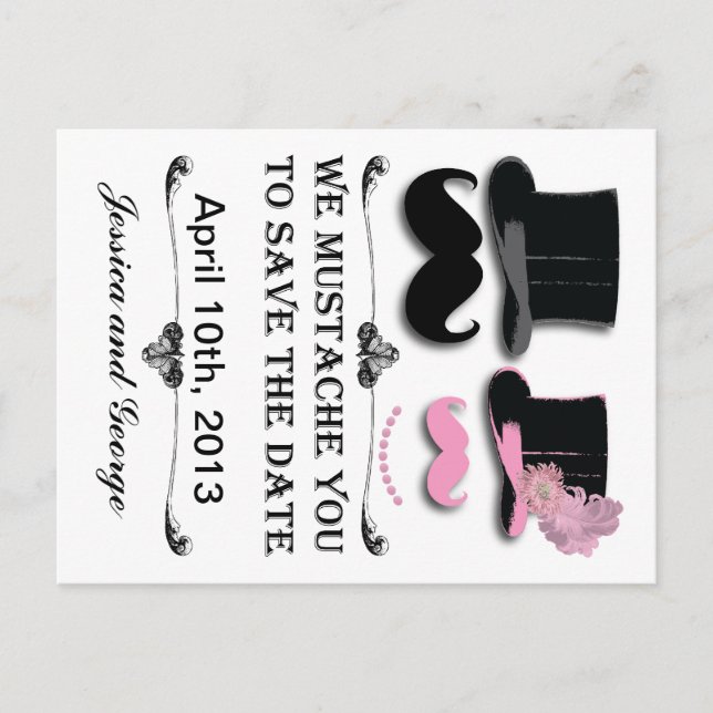 Save the date Moustache and Top Hat Postcard (Front)