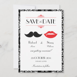 Save The Date Moustache et lèvres rouge, noir et blanc Mariage d