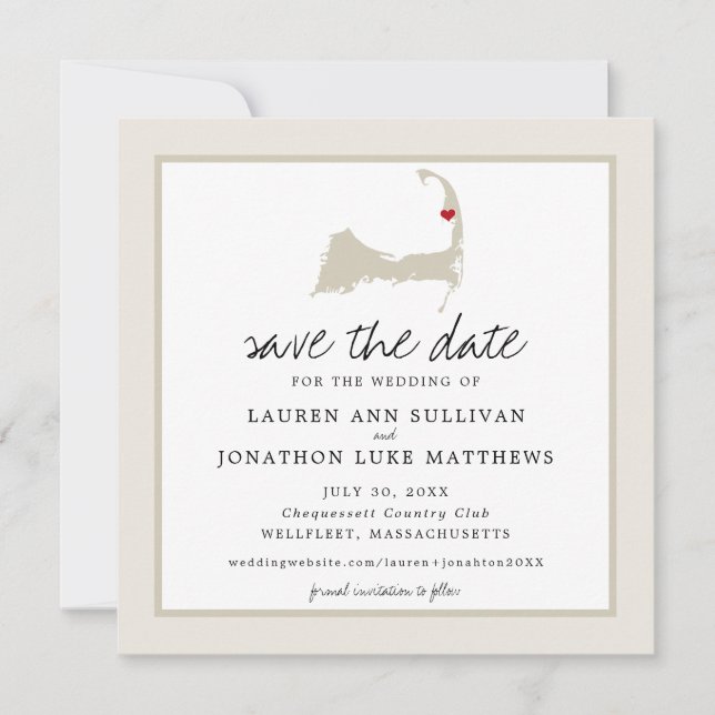 Save The Date Movable Red Heart Wellfleet Cape Cod Map Mariage (Devant)