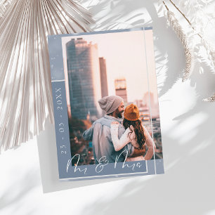 Save The Date Mr & Mrs Dusty Blue White Script Photo