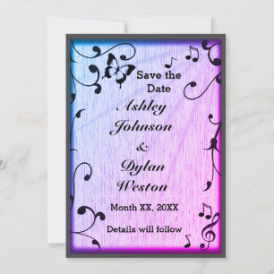 Save The Date Musique Papillon Feuille Bleu & Purple Mariage Boi
