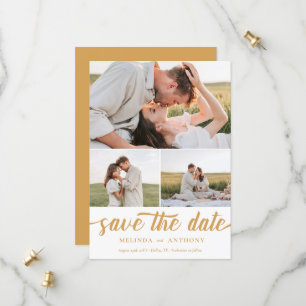 Save The Date Mustard Blanc Élégant Gras Script Photo Collage