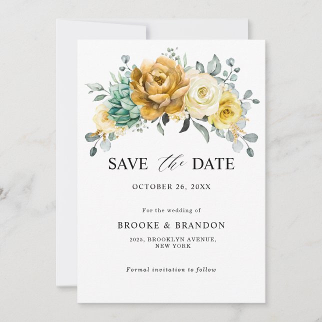 Save The Date Mustard Jaune Floral Sage Vert Mariage moderne (Devant)