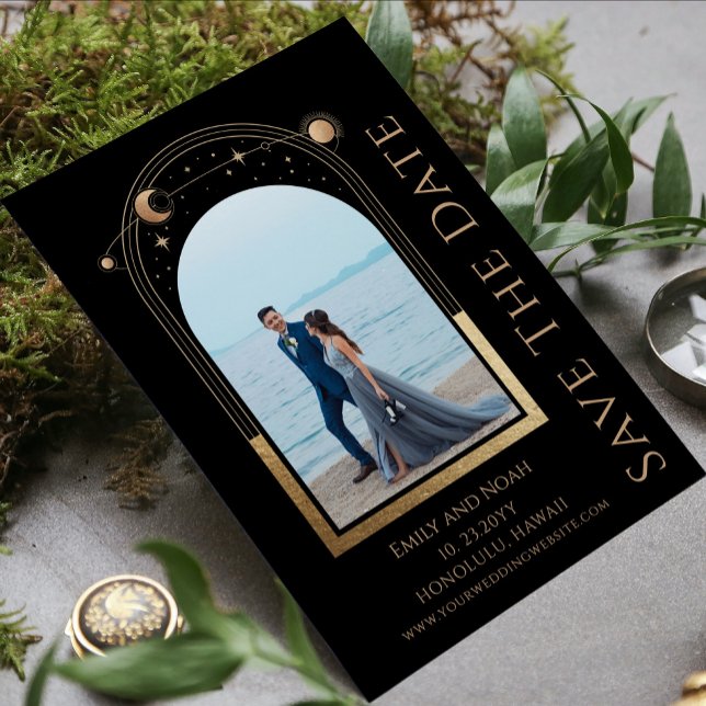 Save The Date Mystic Chic Black Gold Sun Moon Star Space (Créateur téléchargé)