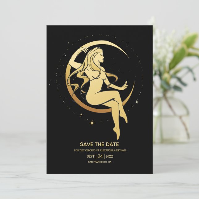 Save The Date Mystical Black Gold Celestial Stars Mariage Enregi (Debout devant)
