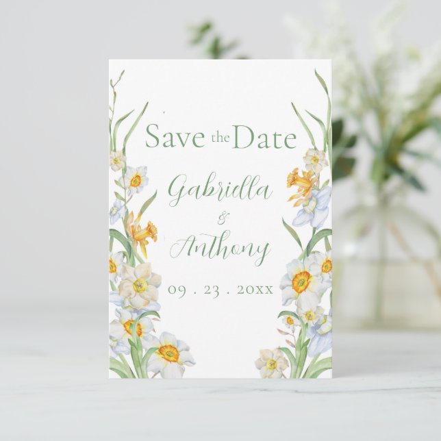 Save The Date Narcisse floral blanc et jaune Écriture verte (Debout devant)