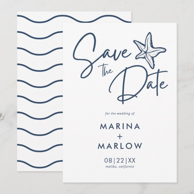 Save The Date Nautique Starfish Marine & White Wave (Devant / Derrière)