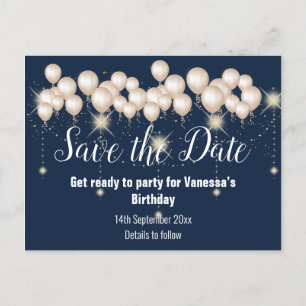 Save the Date Navy Balloons Sparkle All Occassion Announcement Postcard