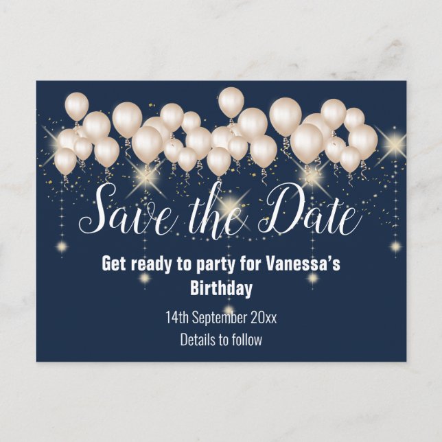 Save the Date Navy Balloons Sparkle All Occassion Announcement Postcard (Front)