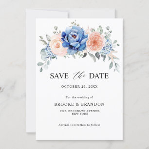 Save The Date Navy Bleu Ardoise Rose Pâle Floral Mariage 