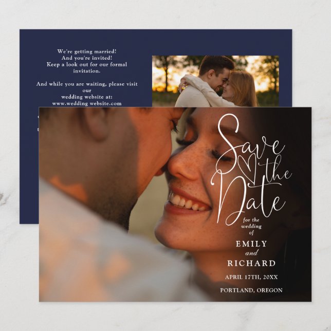 Save The Date Navy Blue 2 Photo Élégant Script Mariage Code QR (Devant / Derrière)